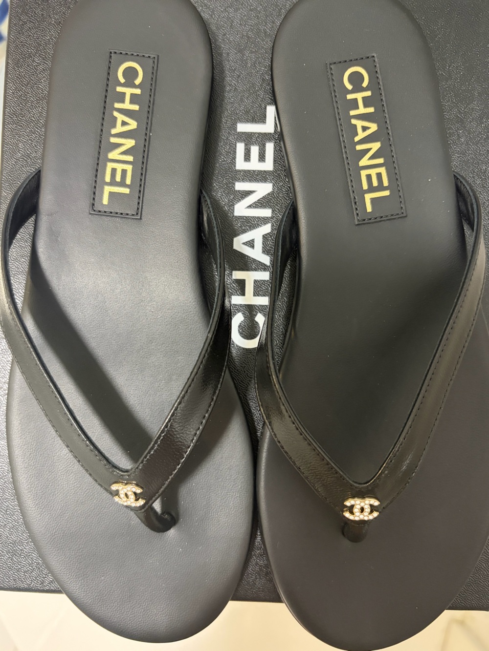 ✅ SOLD ✅ SOLD ✅CHANEL Black Leather Logo Slide Sandals with Gold  rhinestones